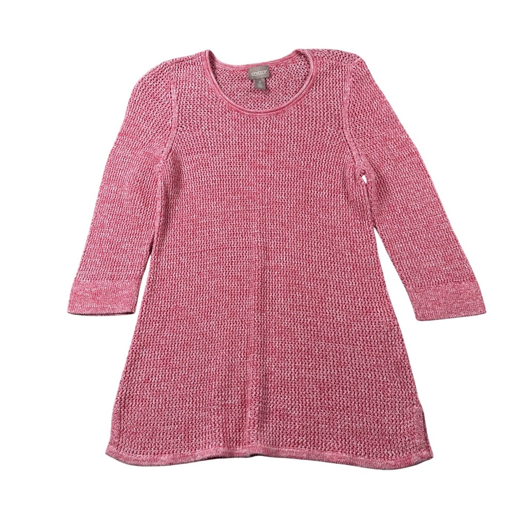 Chicos Sweater Womens 2 (US L) Pink Loose Knit 3/4 Sleeve Beach Coastal Barbie